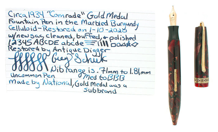 C1934 GOLD MEDAL COMRADE MARBLE BURGUNDY FOUNTAIN 14K M-BBB NIB PEN RESTORED OFFERED BY ANTIQUE DIGGER