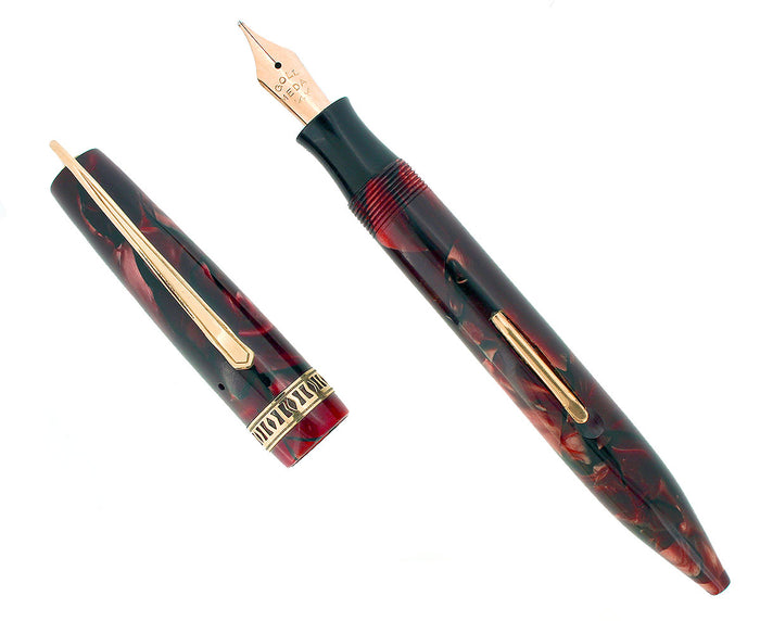 C1934 GOLD MEDAL COMRADE MARBLE BURGUNDY FOUNTAIN 14K M-BBB NIB PEN RESTORED OFFERED BY ANTIQUE DIGGER