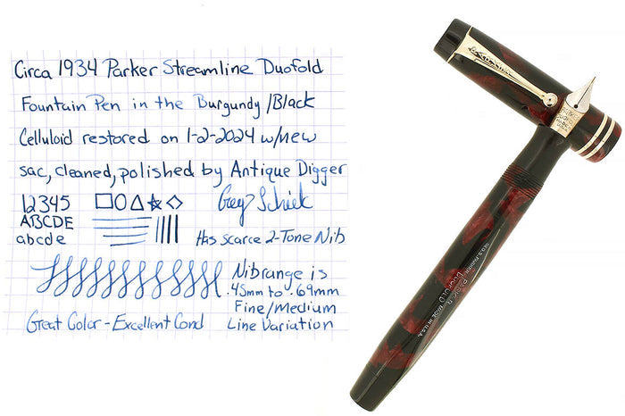 C1934 PARKER JR STREAMLINE DUOFOLD BURGUNDY BLACK FOUNTAIN PEN RESTORED OFFERED BY ANTIQUE DIGGER