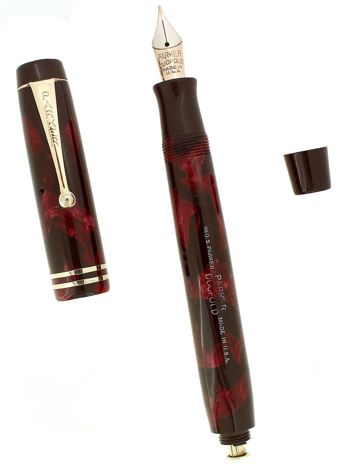 C1934 PARKER JR STREAMLINE DUOFOLD BURGUNDY BLACK FOUNTAIN PEN RESTORED OFFERED BY ANTIQUE DIGGER