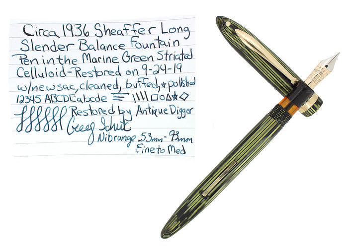 C1936 SHEAFFER LONG SLENDER BALANCE MARINE GREEN STRIATED FOUNTAIN PEN NEAR MINT RESTORED OFFERED BY ANTIQUE DIGGER