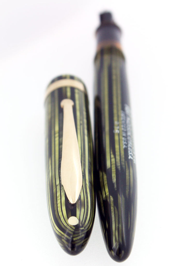 C1936 SHEAFFER LONG SLENDER BALANCE MARINE GREEN STRIATED FOUNTAIN PEN NEAR MINT RESTORED OFFERED BY ANTIQUE DIGGER
