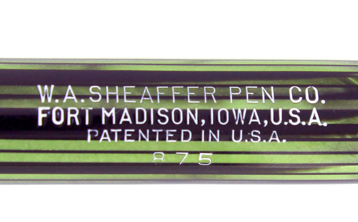 C1936 SHEAFFER LONG SLENDER BALANCE MARINE GREEN STRIATED FOUNTAIN PEN NEAR MINT RESTORED OFFERED BY ANTIQUE DIGGER