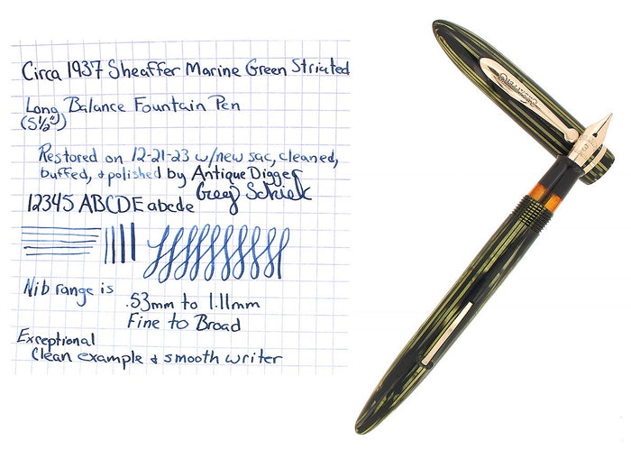 C1937 SHEAFFER LONG SLENDER 350 BALANCE MARINE GREEN STRIATED FOUNTAIN PEN RESTORED OFFERED BY ANTIQUE DIGGER