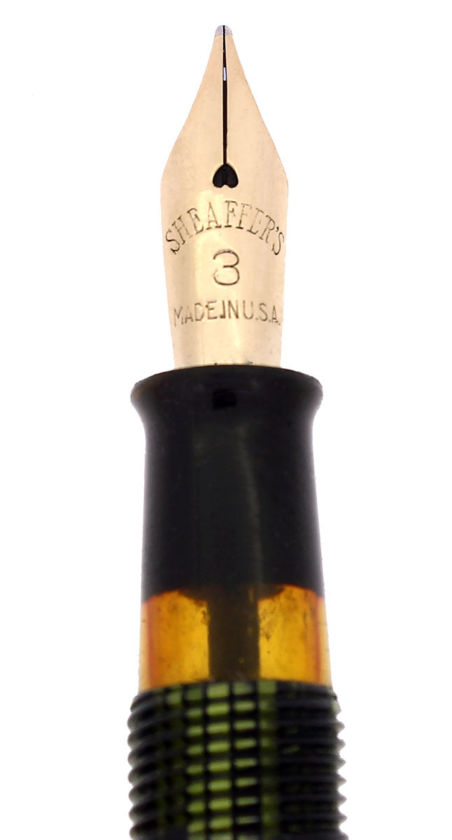 C1937 SHEAFFER LONG SLENDER 350 BALANCE MARINE GREEN STRIATED FOUNTAIN PEN RESTORED OFFERED BY ANTIQUE DIGGER