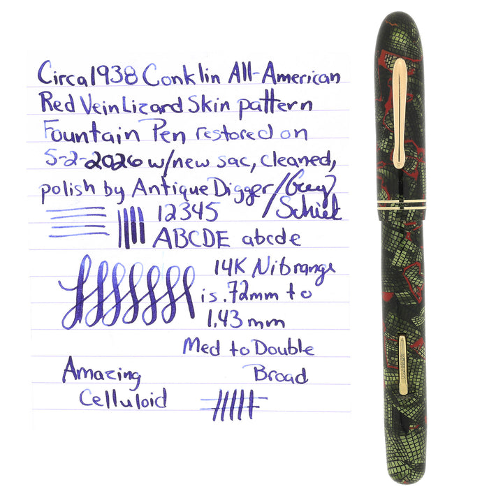 C1938 CONKLIN ALL AMERICAN REPTILIAN FOLIAGE RED VEIN FOUNTAIN PEN RESTORED OFFERED BY ANTIQUE DIGGER