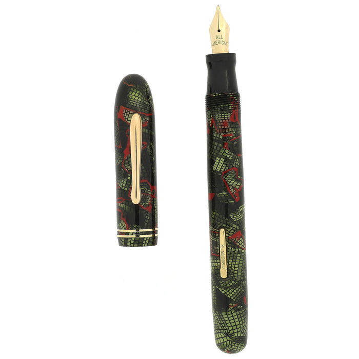 C1938 CONKLIN ALL AMERICAN REPTILIAN FOLIAGE RED VEIN FOUNTAIN PEN RESTORED OFFERED BY ANTIQUE DIGGER