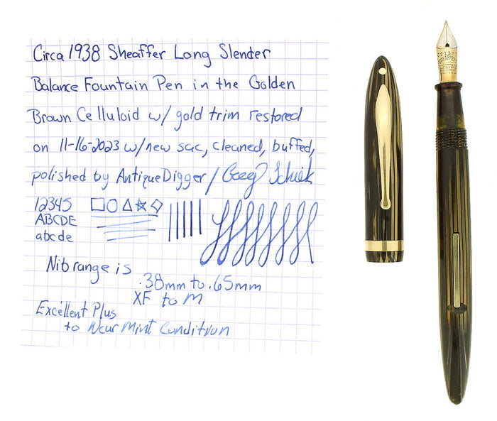 C1938 SHEAFFER LONG SLENDER BALANCE GOLDEN BROWN STRIATED FOUNTAIN PEN RESTORED OFFERED BY ANTIQUE DIGGER