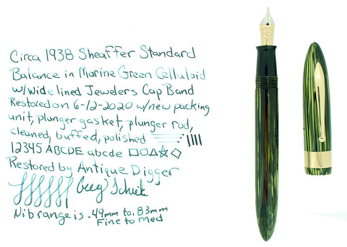 C1938 SHEAFFER  MARINE GREEN STANDARD BALANCE FOUNTAIN PEN PLUNGER FILL RESTORED OFFERED BY ANTIQUE DIGGER