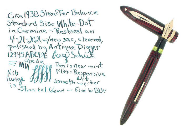 C1938 SHEAFFER STANDARD SIZE CARMINE RED BALANCE FOUNTAIN PEN F-BB FLEX NIB RESTORED OFFERED BY ANTIQUE DIGGER