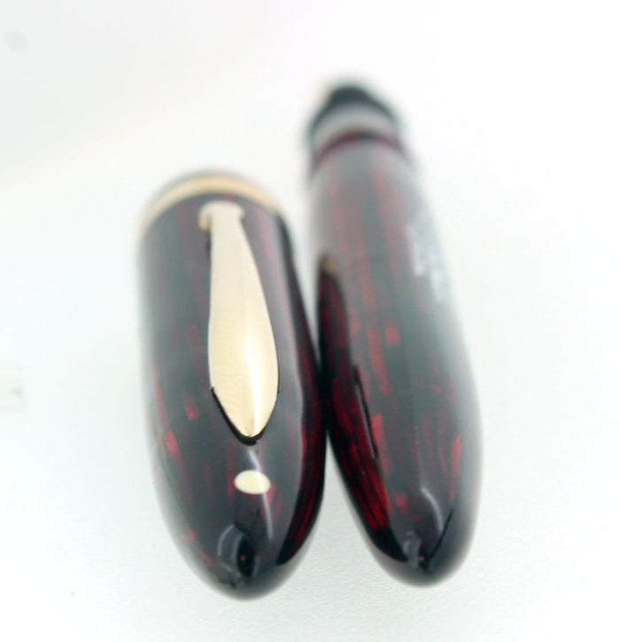 C1938 SHEAFFER STANDARD SIZE CARMINE RED BALANCE FOUNTAIN PEN F-BB FLEX NIB RESTORED OFFERED BY ANTIQUE DIGGER