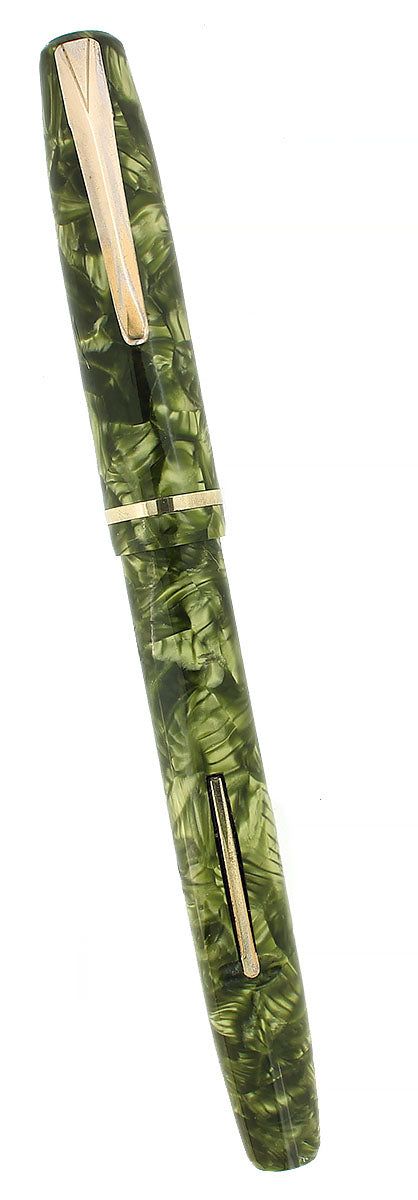C1938 SHEAFFER WASP GREEN MARBLE FOUNTAIN PEN RESTORED OFFERED BY ANTIQUE DIGGER