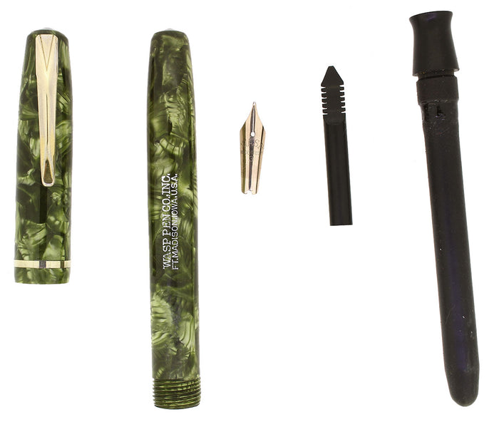 C1938 SHEAFFER WASP GREEN MARBLE FOUNTAIN PEN RESTORED OFFERED BY ANTIQUE DIGGER