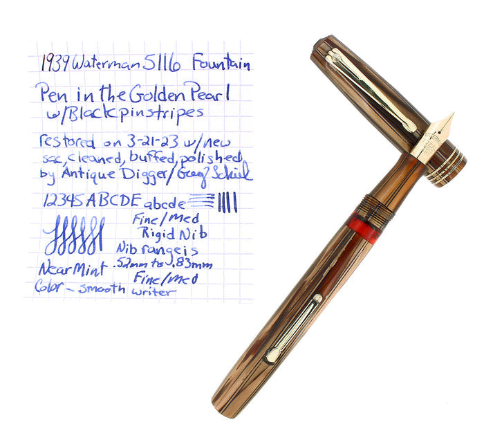 C1939 WATERMAN 5116 GOLDEN PEARL BLACK PINSTRIPES FOUNTAIN PEN RESTORED OFFERED BY ANTIQUE DIGGER