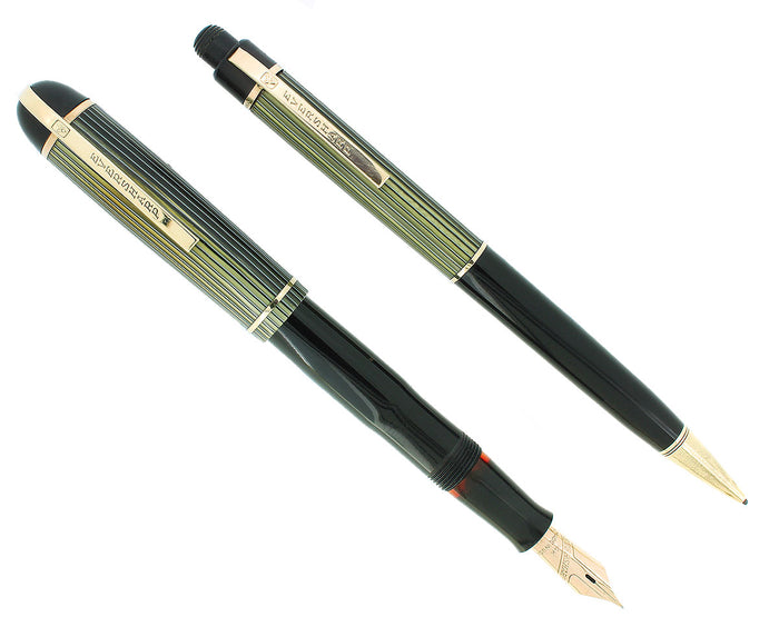 C1942 EVERSHARP SKYLINE GREEN BLUE CAP BLACK BARREL FOUNTAIN PEN PENCIL SET NEAR MINT OFFERED BY ANTIQUE DIGGER
