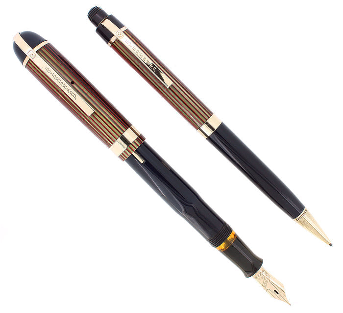 C1942 EVERSHARP SKYLINE RED GREEN CAP NAVY BLUE BARREL FOUNTAIN PEN SET RESTORED OFFERED BY ANTIQUE DIGGER