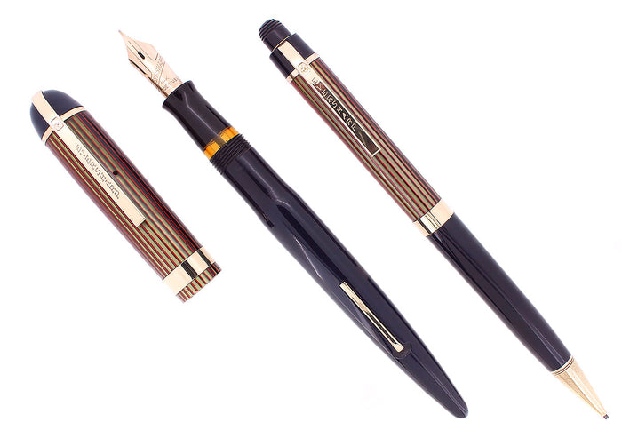 C1942 EVERSHARP SKYLINE RED GREEN CAP NAVY BLUE BARREL FOUNTAIN PEN SET RESTORED OFFERED BY ANTIQUE DIGGER