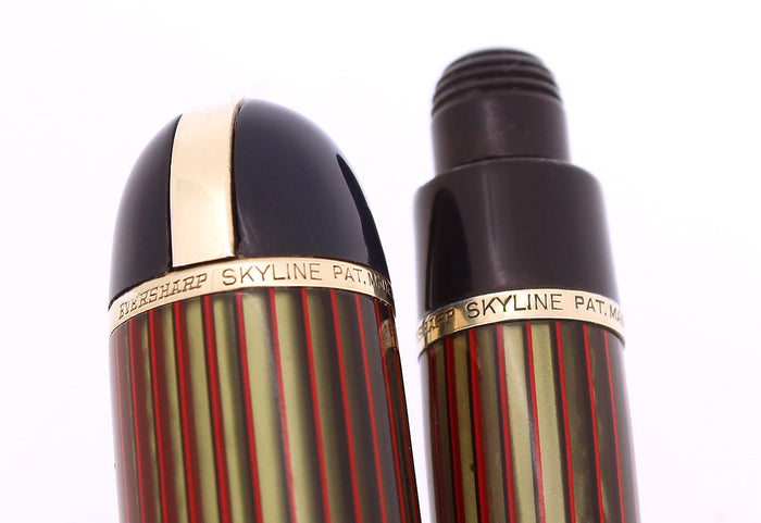 C1942 EVERSHARP SKYLINE RED GREEN CAP NAVY BLUE BARREL FOUNTAIN PEN SET RESTORED OFFERED BY ANTIQUE DIGGER