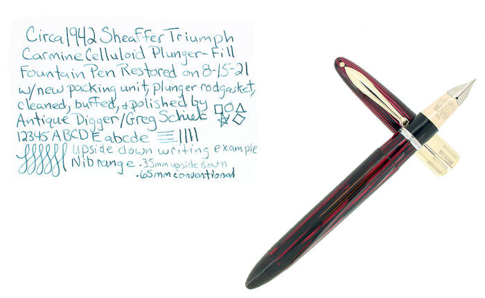 C1942 SHEAFFER CARMINE TRIUMPH LIFETIME FOUNTAIN PEN PLUNGER FILL RESTORED OFFERED BY ANTIQUE DIGGER