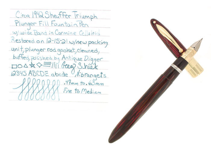 C1942 SHEAFFER CARMINE TRIUMPH LIFETIME NIB FOUNTAIN PEN PLUNGER FILLER RESTORED OFFERED BY ANTIQUE DIGGER