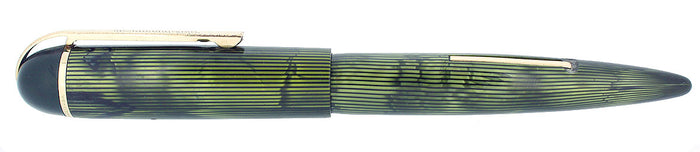 C1943 EVERSHARP SKYLINE EMERALD GREEN MOIRE CELLULOID FOUNTAIN PEN RESTORED SMOOTH NIB OFFERED BY ANTIQUE DIGGER