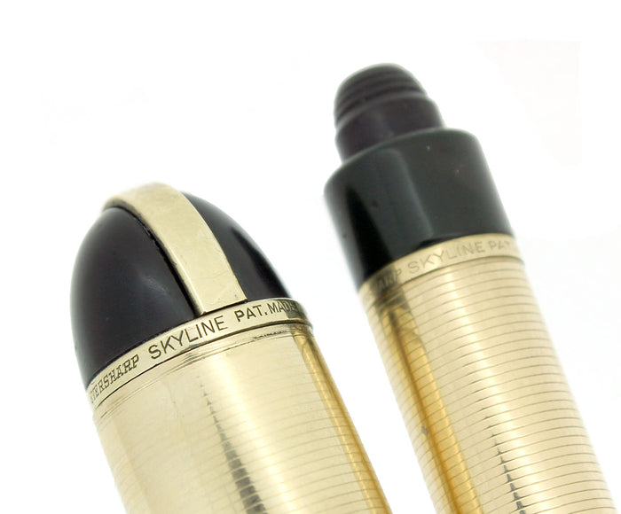 C1943 EVERSHARP SKYLINE FOUNTAIN PEN GOLD BARREL BLACK BODY SET MINT STICKERED OFFERED BY ANTIQUE DIGGER