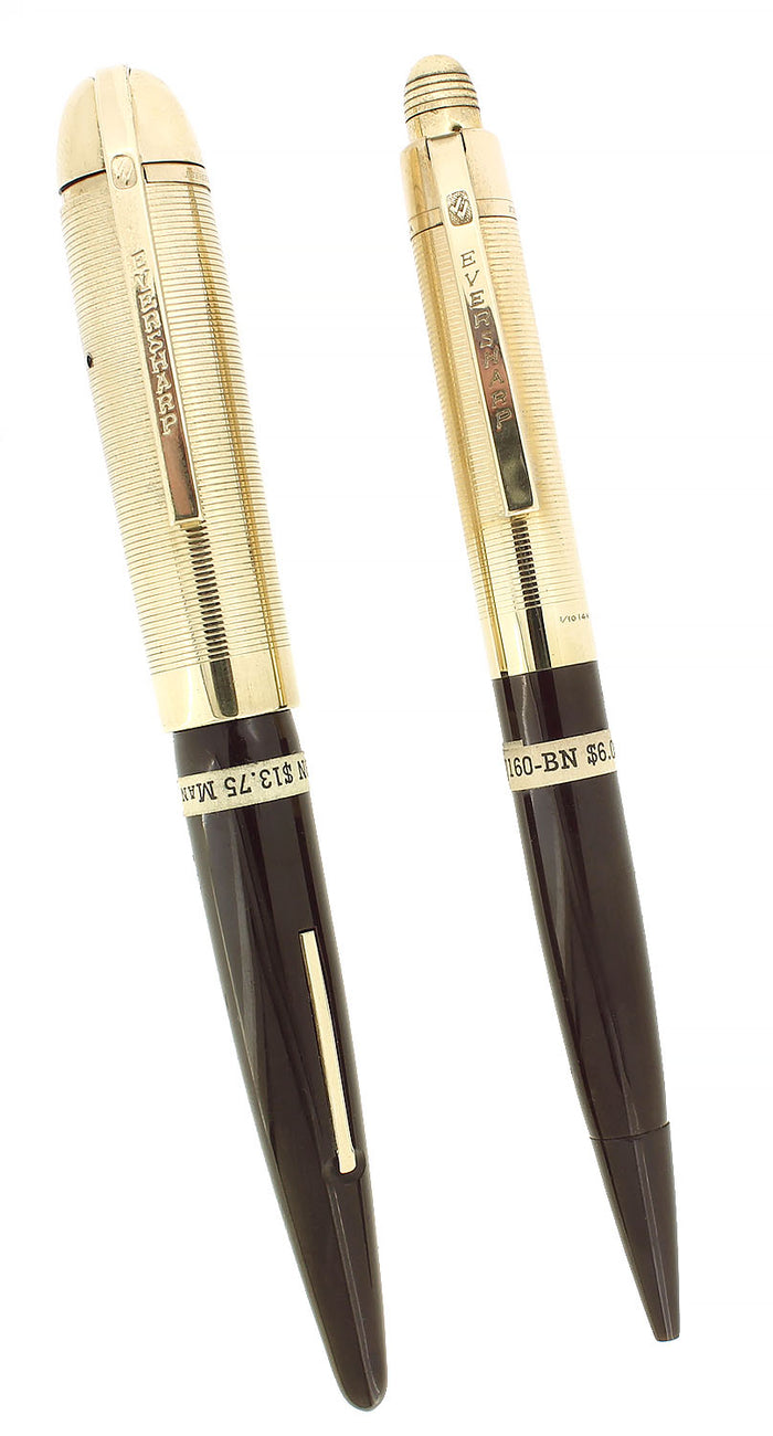 C1943 EVERSHARP SKYLINE GOLD CAPS BROWN BARREL FOUNTAIN PEN & PENCIL SET MINT STICKERED OFFERED BY ANTIQUE DIGGER