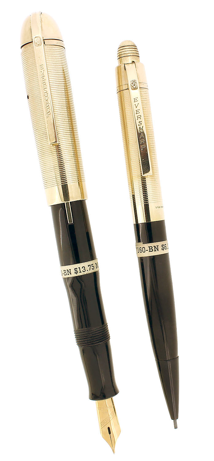 C1943 EVERSHARP SKYLINE GOLD CAPS BROWN BARREL FOUNTAIN PEN & PENCIL SET MINT STICKERED OFFERED BY ANTIQUE DIGGER