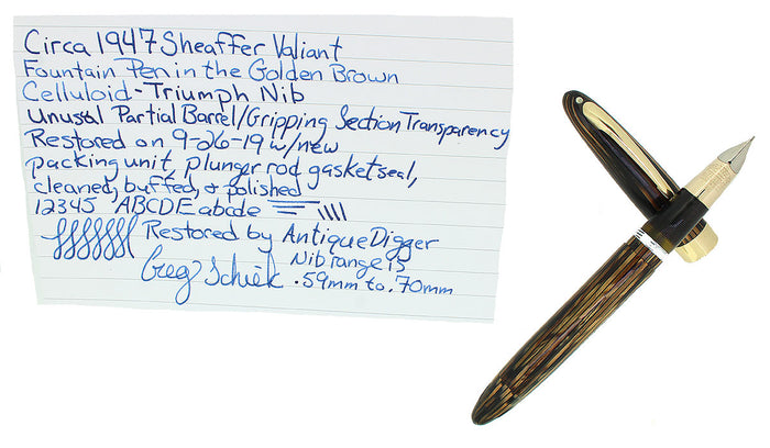 C1947 SHEAFFER TRIUMPH VALIANT GOLDEN BROWN FOUNTAIN PEN PLUNGER FILL RESTORED OFFERED BY ANTIQUE DIGGER