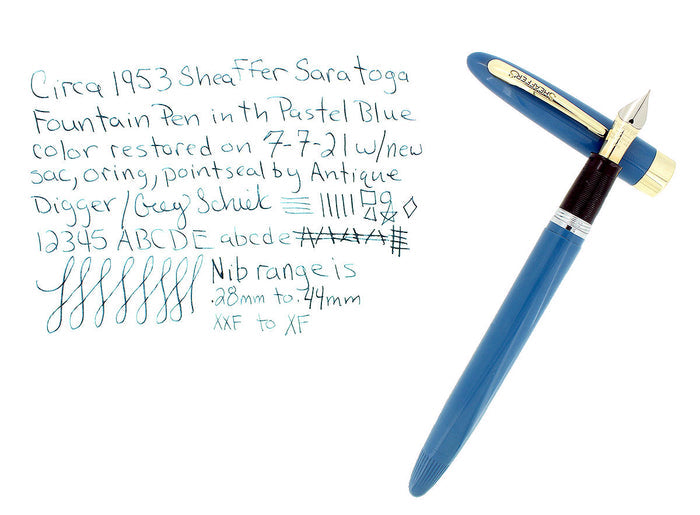 C1953 SHEAFFER SARATOGA PASTEL BLUE SNORKEL FOUNTAIN PEN XXF TO XF NIB RESTORED OFFERED BY ANTIQUE DIGGER