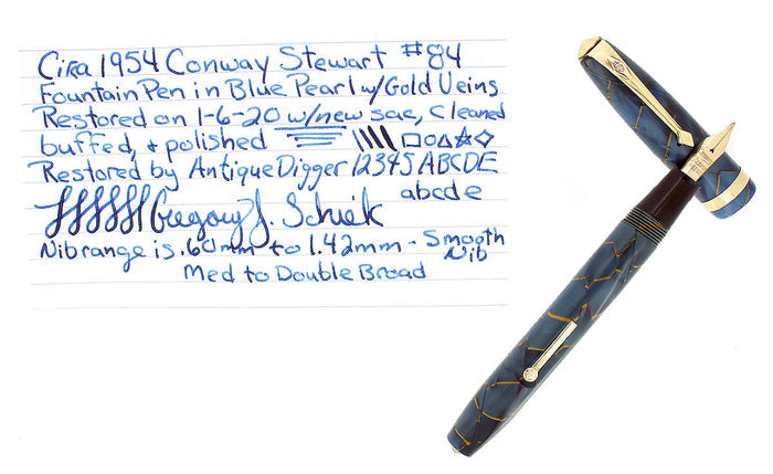 C1954 CONWAY STEWART #84 BLUE PEARL W/GOLD VEINS FOUNTAIN PEN RESTORED OFFERED BY ANTIQUE DIGGER