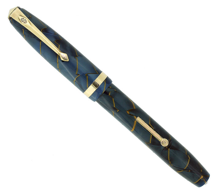 C1954 CONWAY STEWART #84 BLUE PEARL W/GOLD VEINS FOUNTAIN PEN RESTORED OFFERED BY ANTIQUE DIGGER