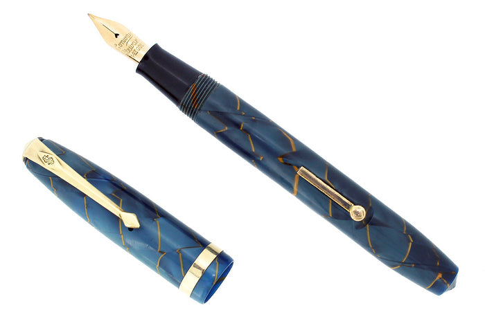 C1954 CONWAY STEWART #84 BLUE PEARL W/GOLD VEINS FOUNTAIN PEN RESTORED OFFERED BY ANTIQUE DIGGER