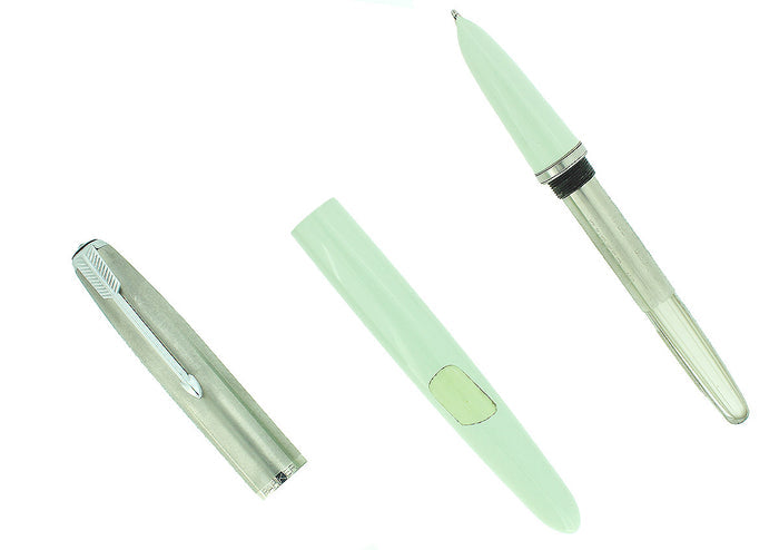 C1956 PARKER 41 PALE GREEN BROAD NIB FOUNTAIN PEN NEW OLD STOCK STICKERED MINT OFFERED BY ANTIQUE DIGGER