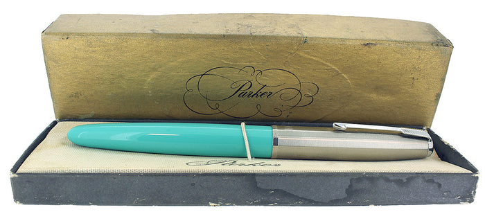 C1956 PARKER 41 TURQUOISE FOUNTAIN PEN IN ORIGINAL BOX NEW OLD STOCK NEVER INKED OFFERED BY ANTIQUE DIGGER