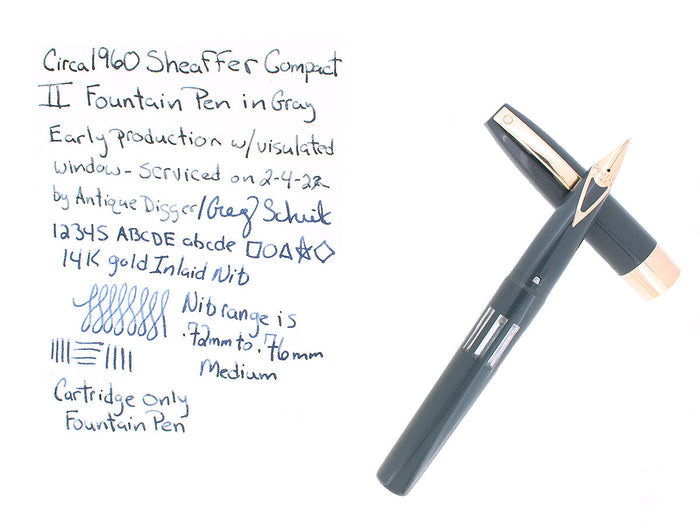 C1960 SHEAFFER GRAY COMPACT II VISULATED WINDOW 14K NIB FOUNTAIN PEN SERVICED