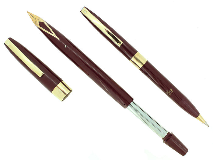 C1961 SHEAFFER BURGUNDY IMPERIAL IV FOUNTAIN PEN PENCIL SET TOUCHDOWN FILL MINT OFFERED BY ANTIQUE DIGGER