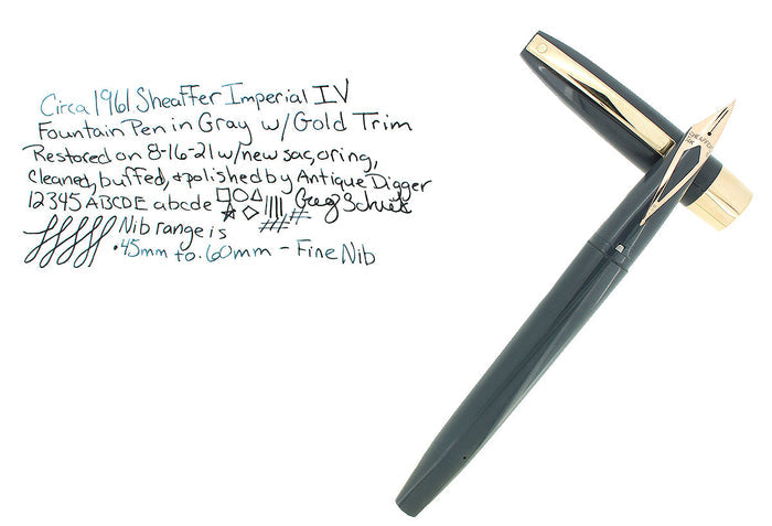 C1961 SHEAFFER DARK BLUE GRAY IMPERIAL IV FOUNTAIN PEN TOUCHDOWN FILLER RESTORED OFFERED BY ANTIQUE DIGGER