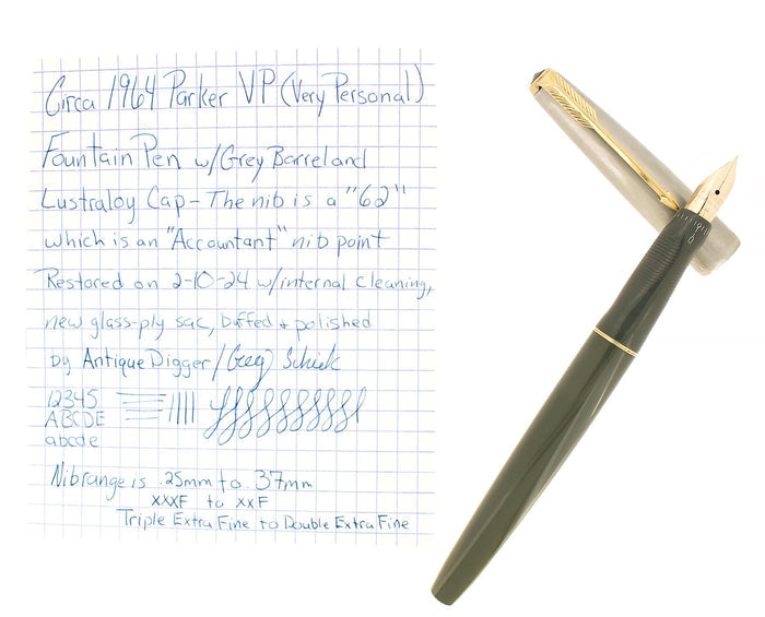 C1964 PARKER VP GREY W/LUSTRALOY CAP XXXF-XXF 14K #62 NIB FOUNTAIN PEN RESTORED OFFERED BY ANTIQUE DIGGER
