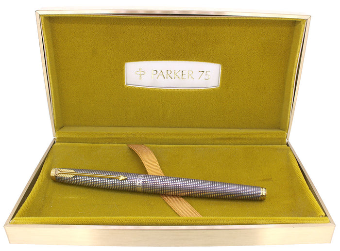 C1966 PARKER 75 STERLING SILVER GRID PATTERN FLAT TASSIES 66 NIB FOUNTAIN PEN NEVER INKED OFFERED BY ANTIQUE DIGGER