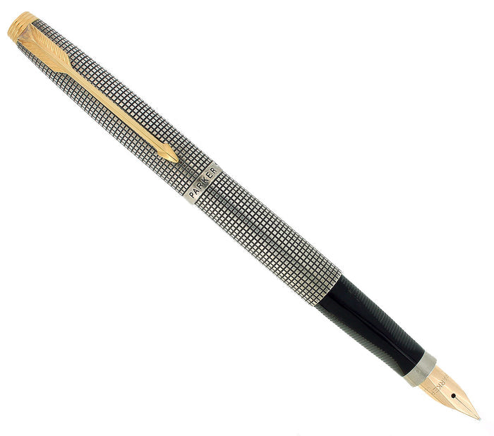C1966 PARKER 75 STERLING SILVER GRID PATTERN FLAT TASSIES 66 NIB FOUNTAIN PEN NEVER INKED OFFERED BY ANTIQUE DIGGER