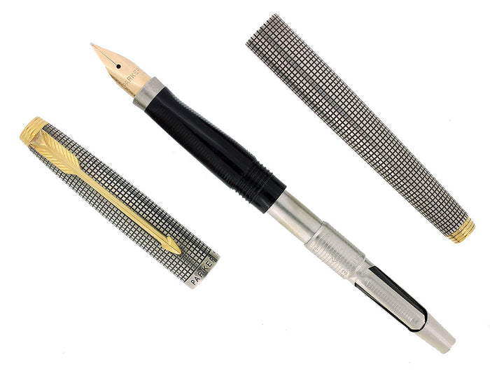 C1966 PARKER 75 STERLING SILVER GRID PATTERN FLAT TASSIES 66 NIB FOUNTAIN PEN NEVER INKED OFFERED BY ANTIQUE DIGGER
