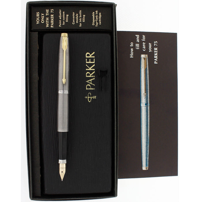 C1970 PARKER 75 STERLING SILVER CROSSHATCH GRID PATTERN #66 NIB FOUNTAIN PEN WITH BOXES/PAPERS OFFERED BY ANTIQUE DIGGER