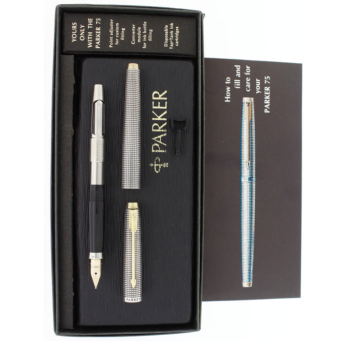 C1970 PARKER 75 STERLING SILVER CROSSHATCH GRID PATTERN #66 NIB FOUNTAIN PEN WITH BOXES/PAPERS OFFERED BY ANTIQUE DIGGER