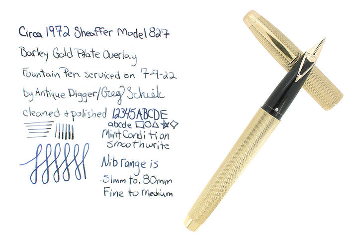 C1972 SHEAFFER IMPERIAL GOLD PLATED BARLEY OVERLAY MODEL 827 FOUNTAIN PEN SERVICED OFFERED BY ANTIQUE DIGGER