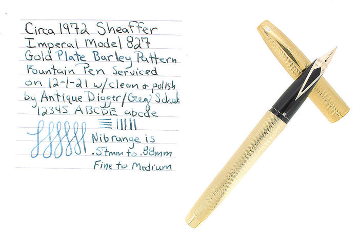 C1972 SHEAFFER IMPERIAL MODEL 827 GOLD PLATED BARLEY OVERLAY FOUNTAIN PEN SERVICED OFFERED BY ANTIQUE DIGGER