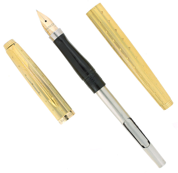 C1973 PARKER 75 GOLD PLATED PERLE 14K FINE NIB FOUNTAIN PEN RESTORED OFFERED BY ANTIQUE DIGGER