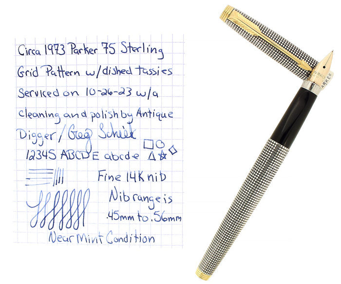 C1973 PARKER 75 STERLING SILVER CROSSHATCH GRID PATTERN FINE NIB FOUNTAIN PEN NEAR MINT OFFERED BY ANTIQUE DIGGER