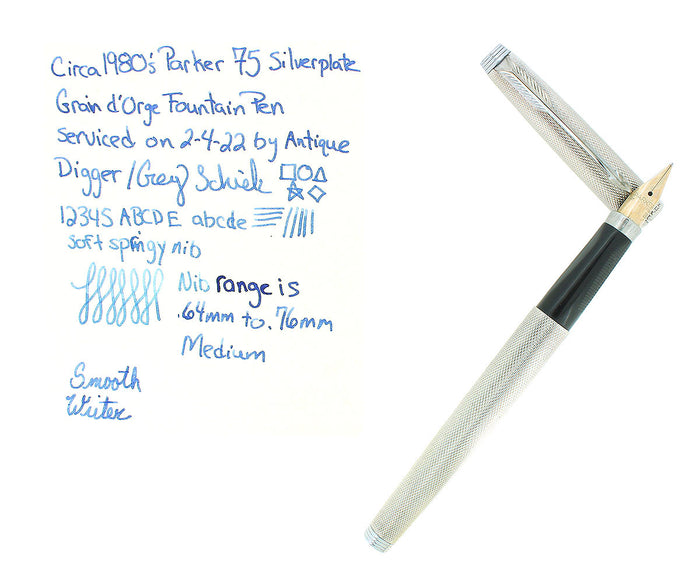 C1980 PARKER 75 GRAIN D'ORGE 14K GOLD FINE NIB FOUNTAIN PEN RESTORED OFFERED BY ANTIQUE DIGGER