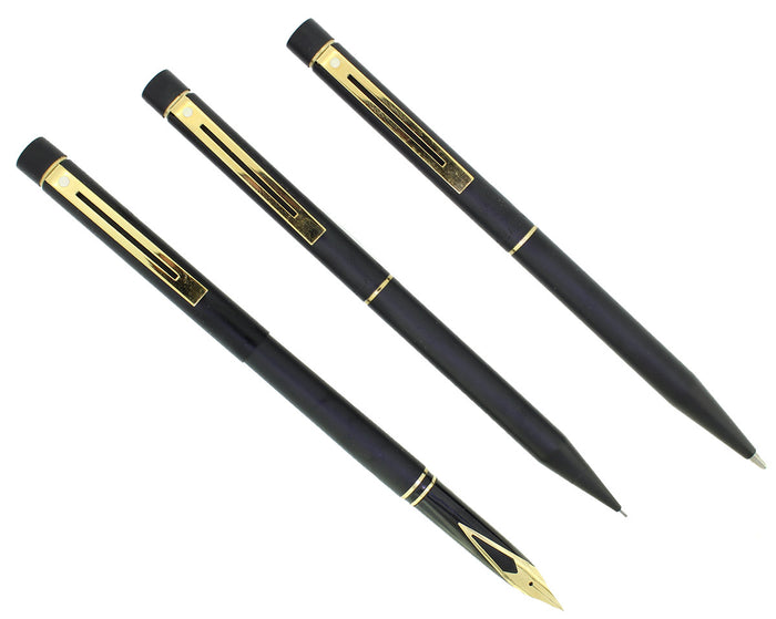 C1989 SHEAFFER TARGA MATTE BLACK SLIMLINE FOUNTAIN PEN PENCIL BALLPOINT PEN 3-PIECE SET